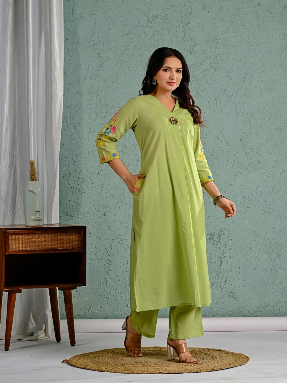 Wow cotton fully embroidered in green kurta pant