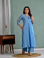 Wow cotton fully embroidered in blue kurta pant in blue