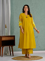 Wow cotton fully embroidered kurta pant in yellow