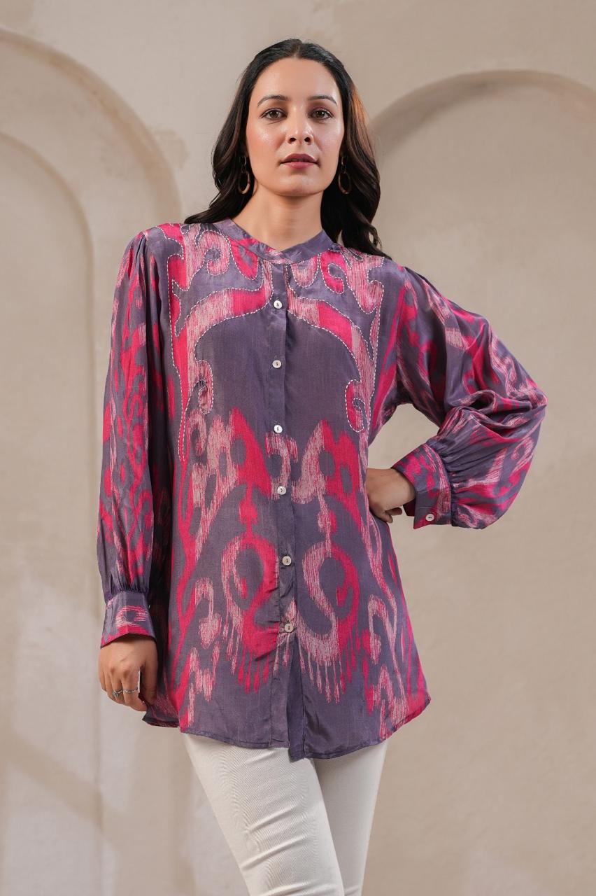 Smart Ikkat printed crepe short top yoke highlighted with katha stitch