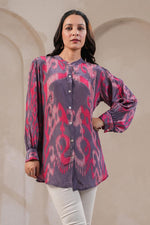 Smart Ikkat printed crepe short top yoke highlighted with katha stitch