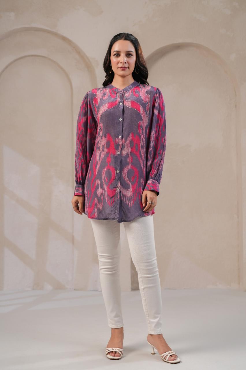 Smart Ikkat printed crepe short top yoke highlighted with katha stitch