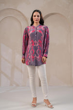 Smart Ikkat printed crepe short top yoke highlighted with katha stitch