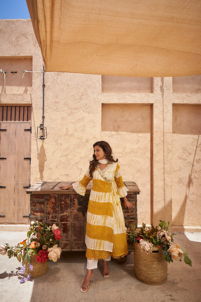 Premium cotton shivori kurta pant in yellow (no dupatta)