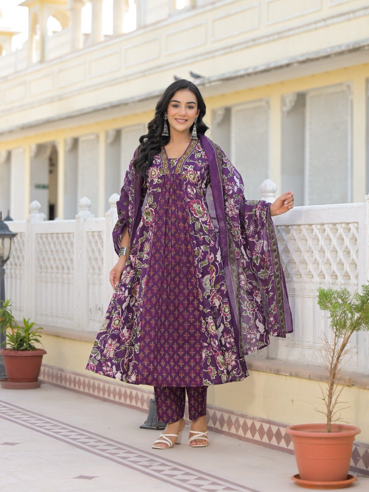 Purple cotton smart suit set