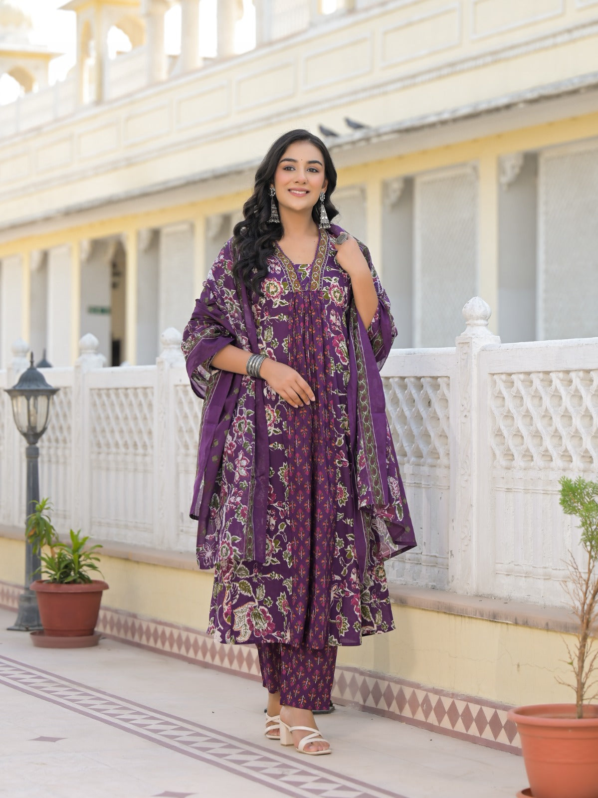 Purple cotton smart suit set