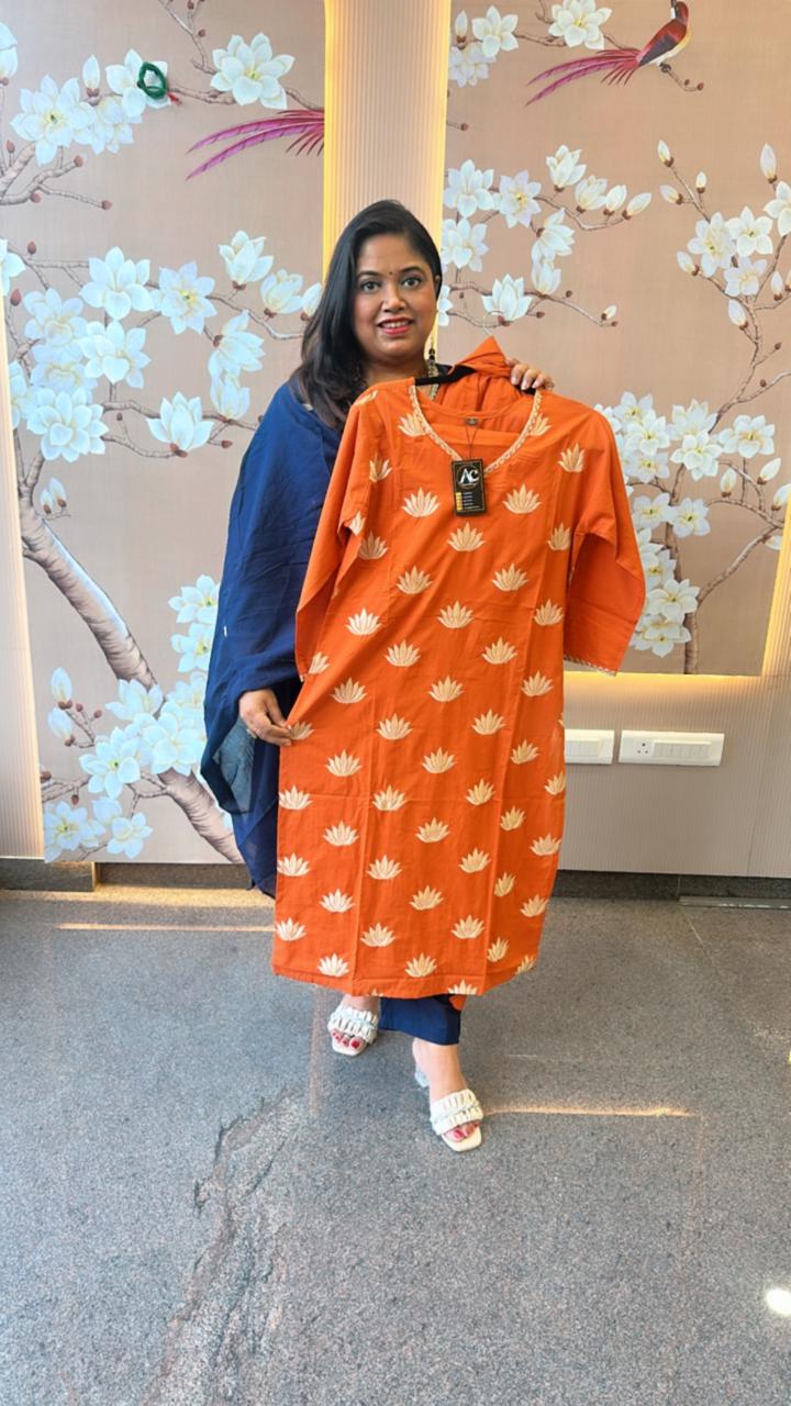 Pure cotton embroidery suit set in rust