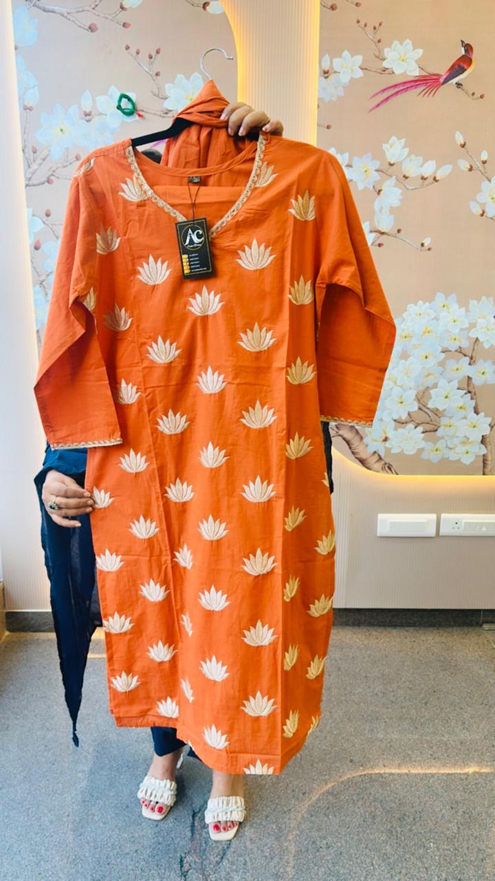 Pure cotton embroidery suit set in rust