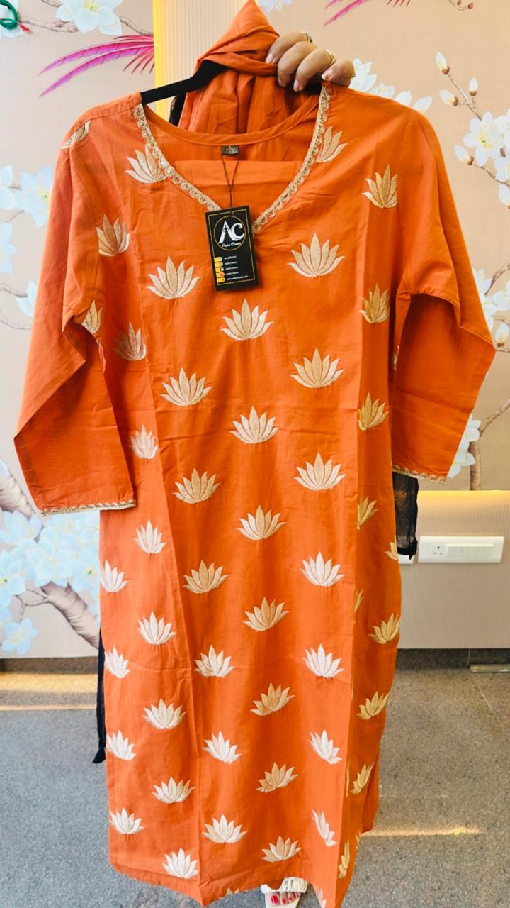 Pure cotton embroidery suit set in rust