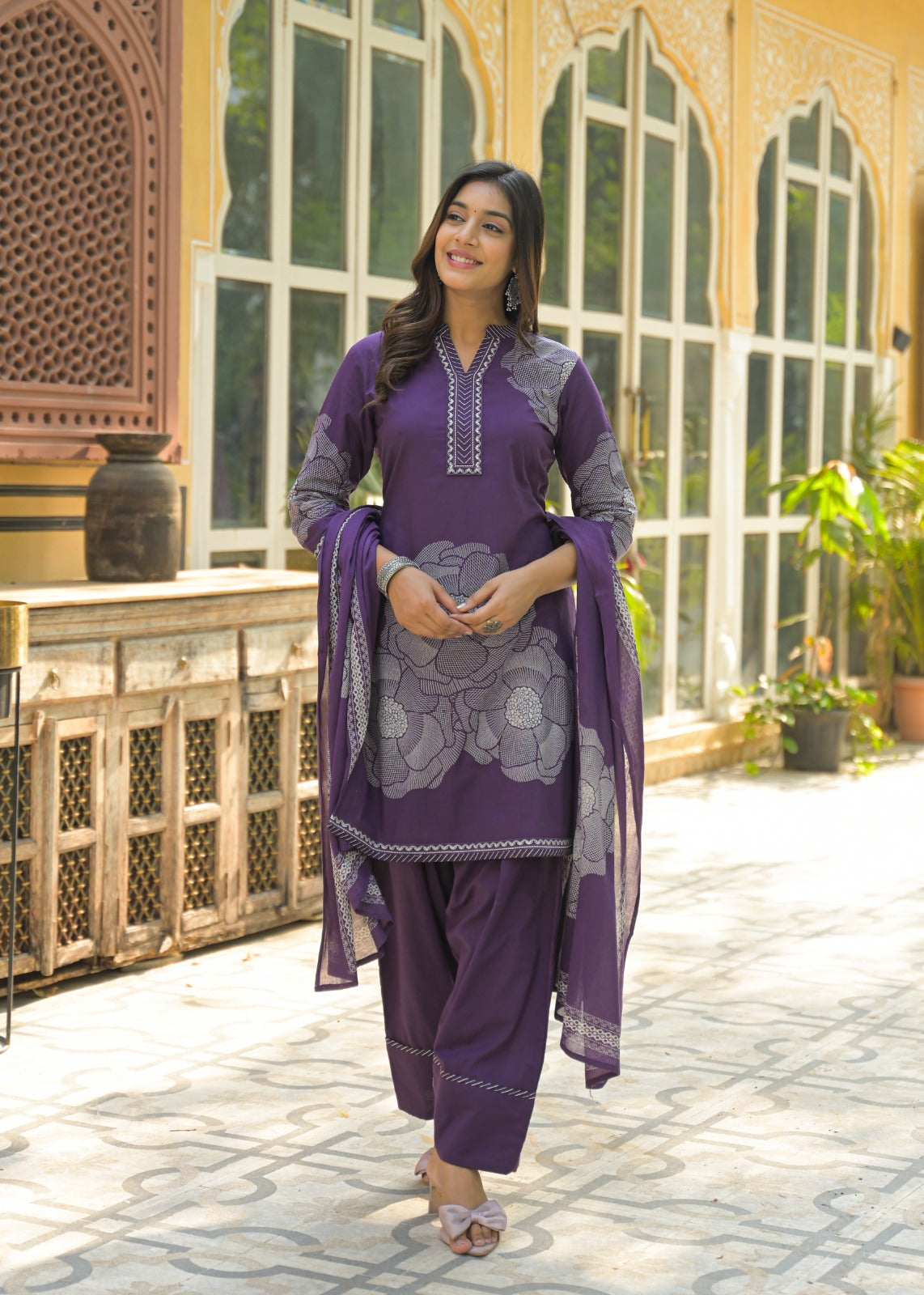 Red cotton Farsi salwar suit set in purple