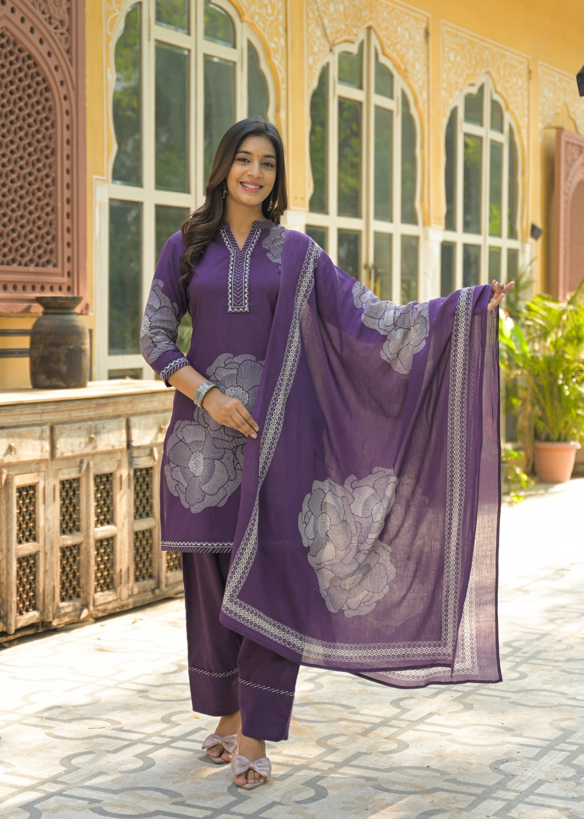 Red cotton Farsi salwar suit set in purple