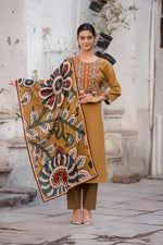 Mustard yellow cotton suit set paired with kalamkari dupatta