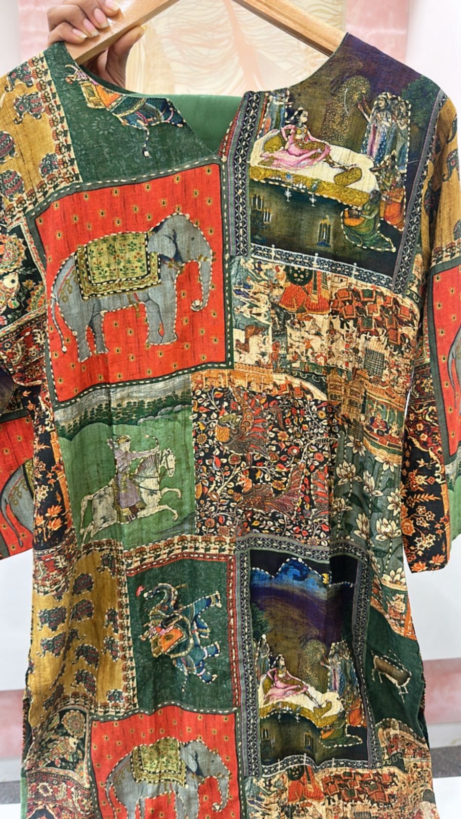 Cotton silk pichwai katha stitched kurta pant