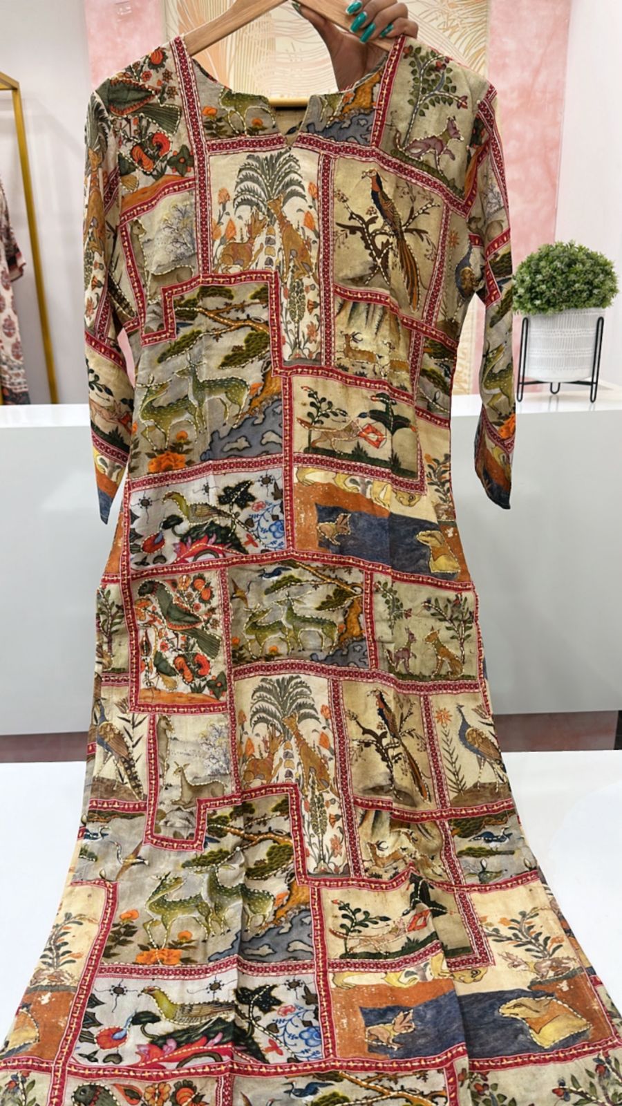 Cotton silk pichwai katha stitched kurta pant in beige