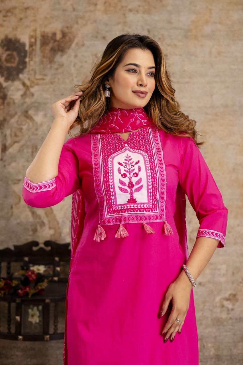 Cotton full suit set in Rani pink