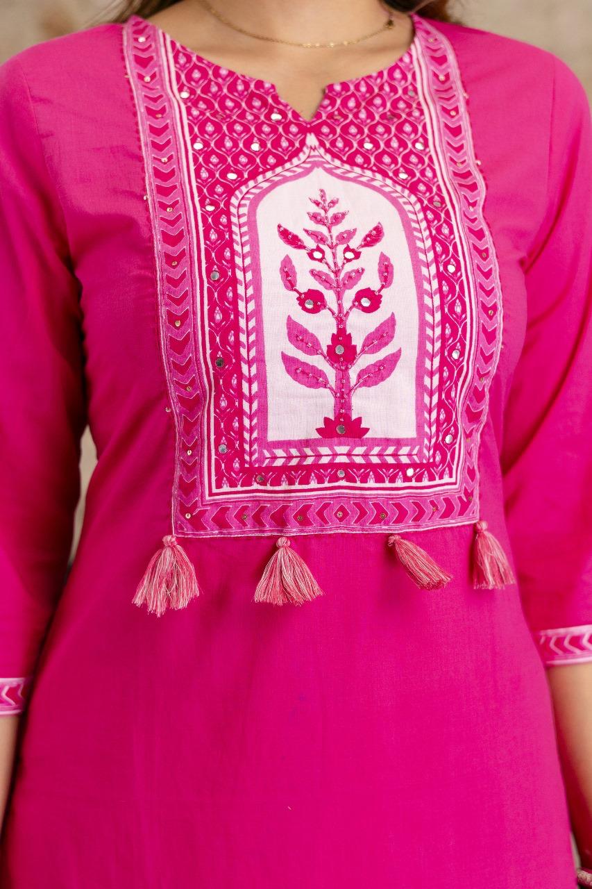 Cotton full suit set in Rani pink