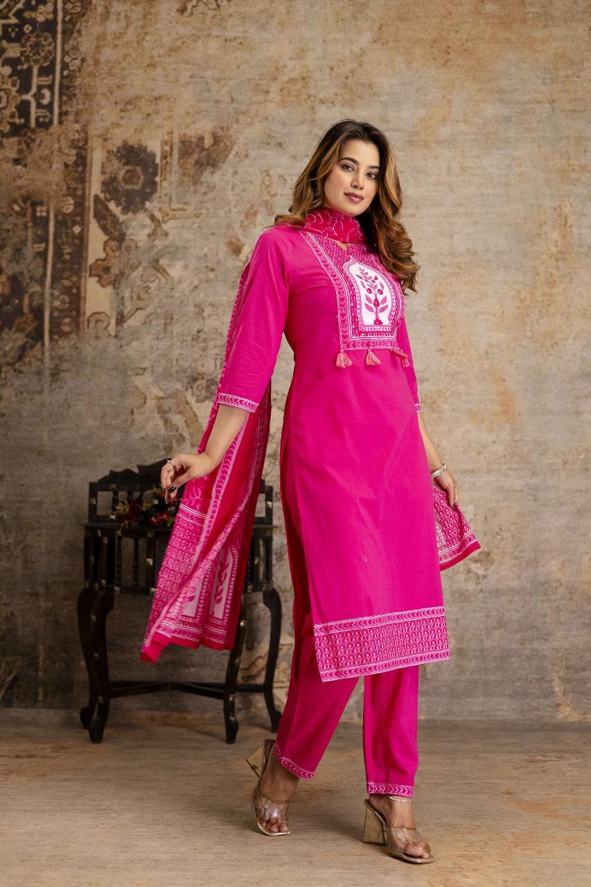 Cotton full suit set in Rani pink