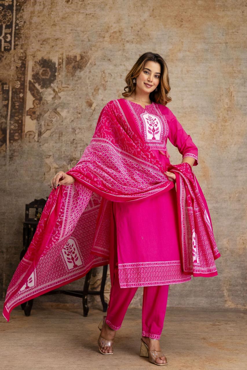 Cotton full suit set in Rani pink