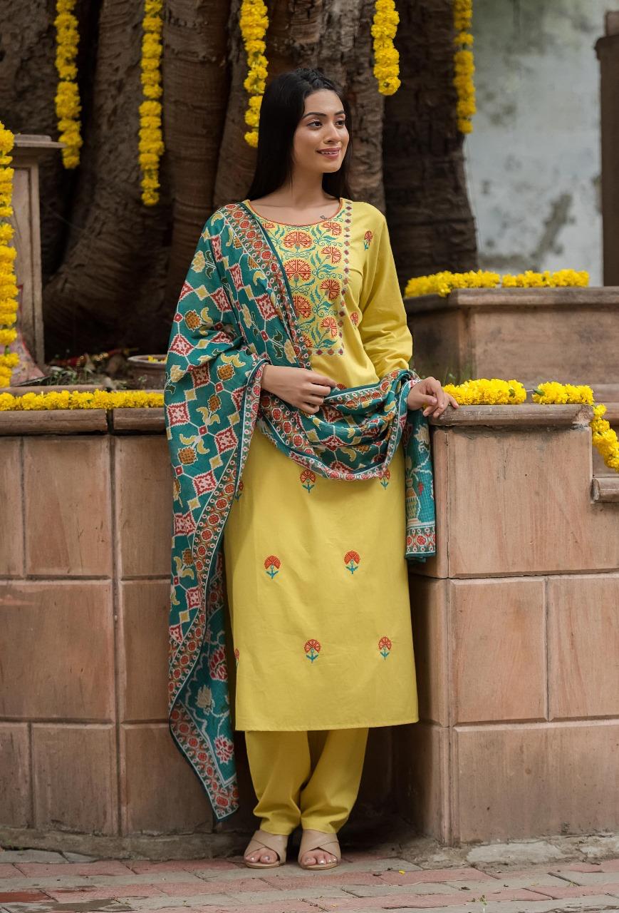 Smart cotton embroidered suit paired with gorgeous Kalamkari dupatta