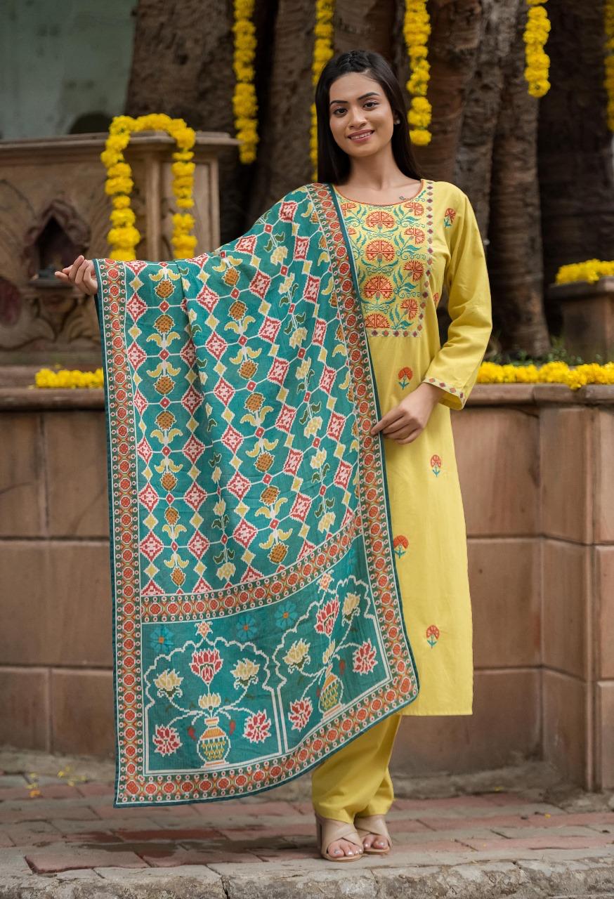 Smart cotton embroidered suit paired with gorgeous Kalamkari dupatta