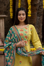 Smart cotton embroidered suit paired with gorgeous Kalamkari dupatta