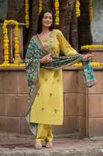 Smart cotton embroidered suit paired with gorgeous Kalamkari dupatta