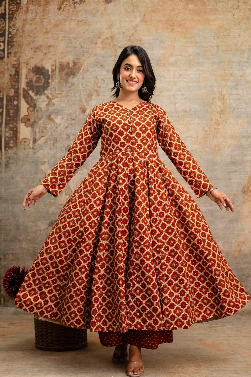 Smart rust cotton Anarkali suit set