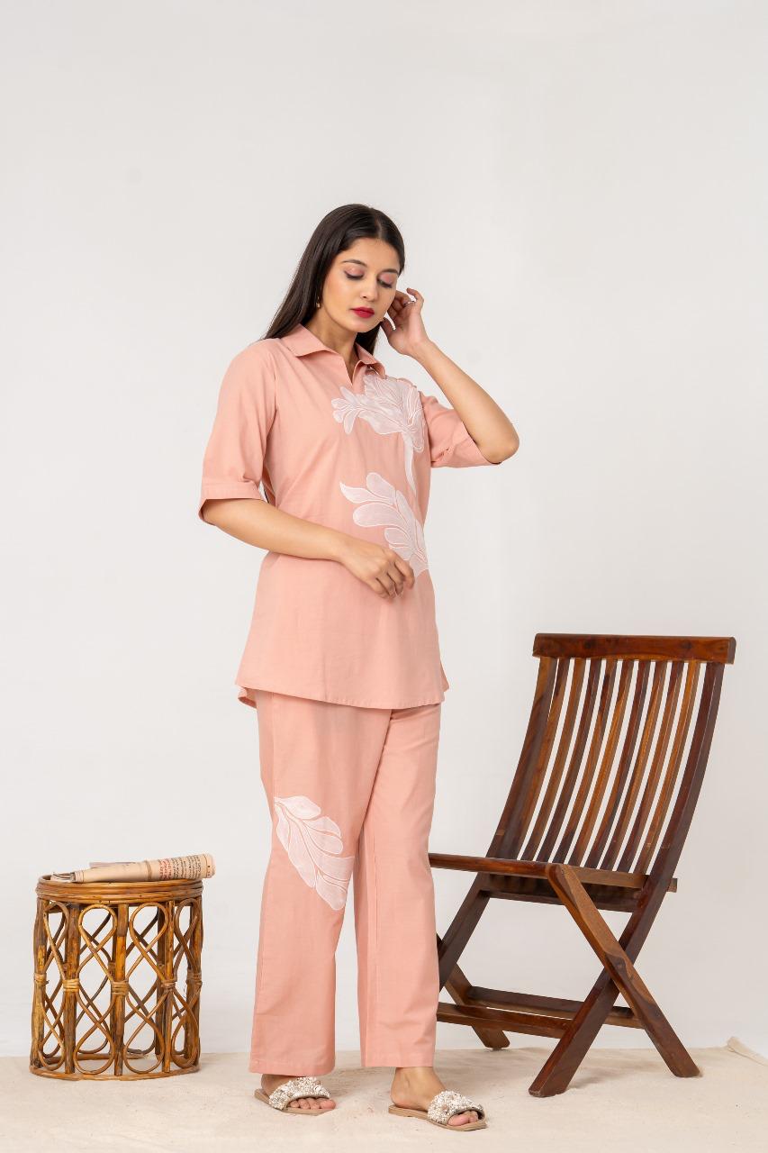 Peach embroidered premium cotton co ord