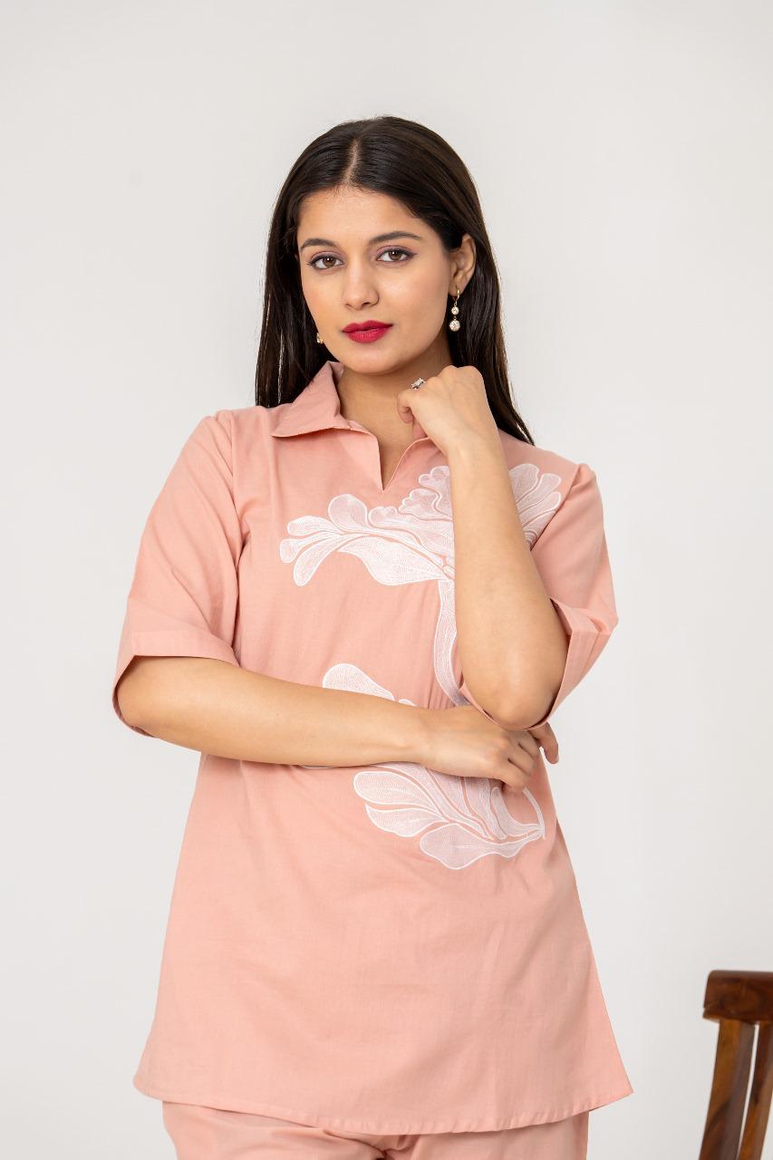 Peach embroidered premium cotton co ord