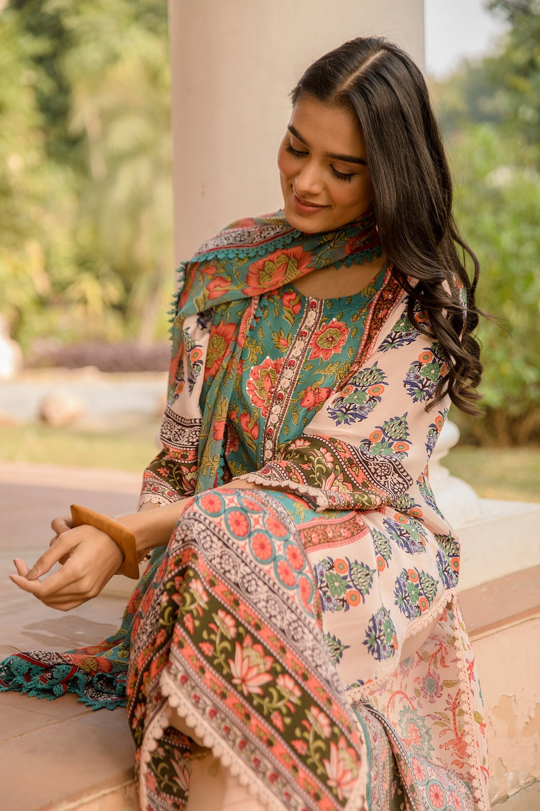 Pure crepe lining full suit with lace detailing