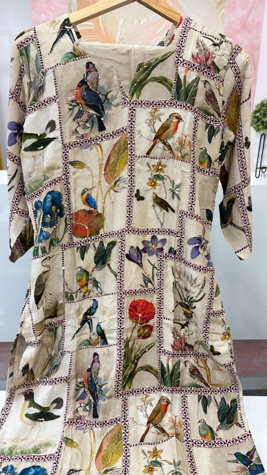 Cotton silk pichwai katha stitched kurta pant in cream