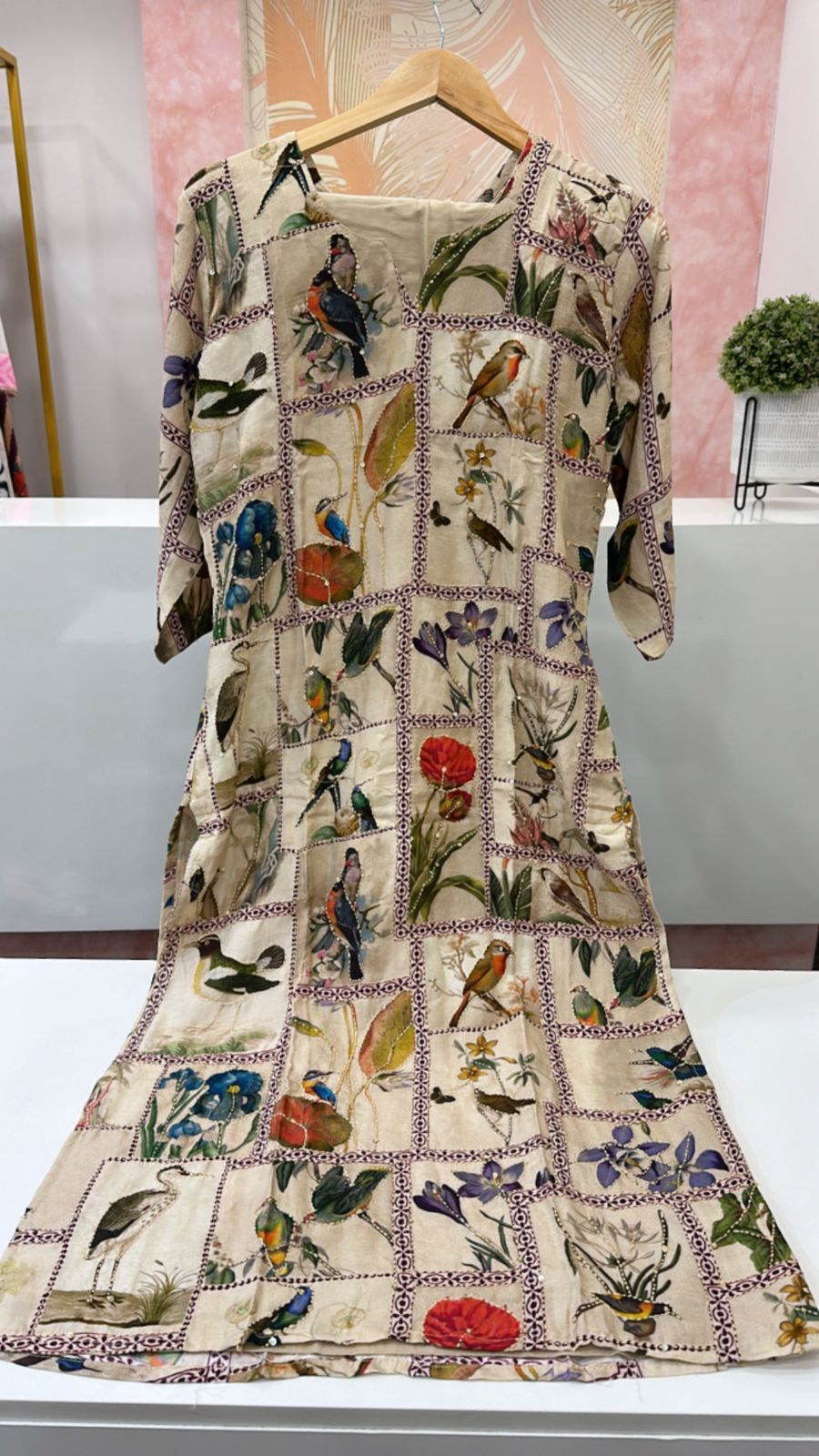 Cotton silk pichwai katha stitched kurta pant in cream