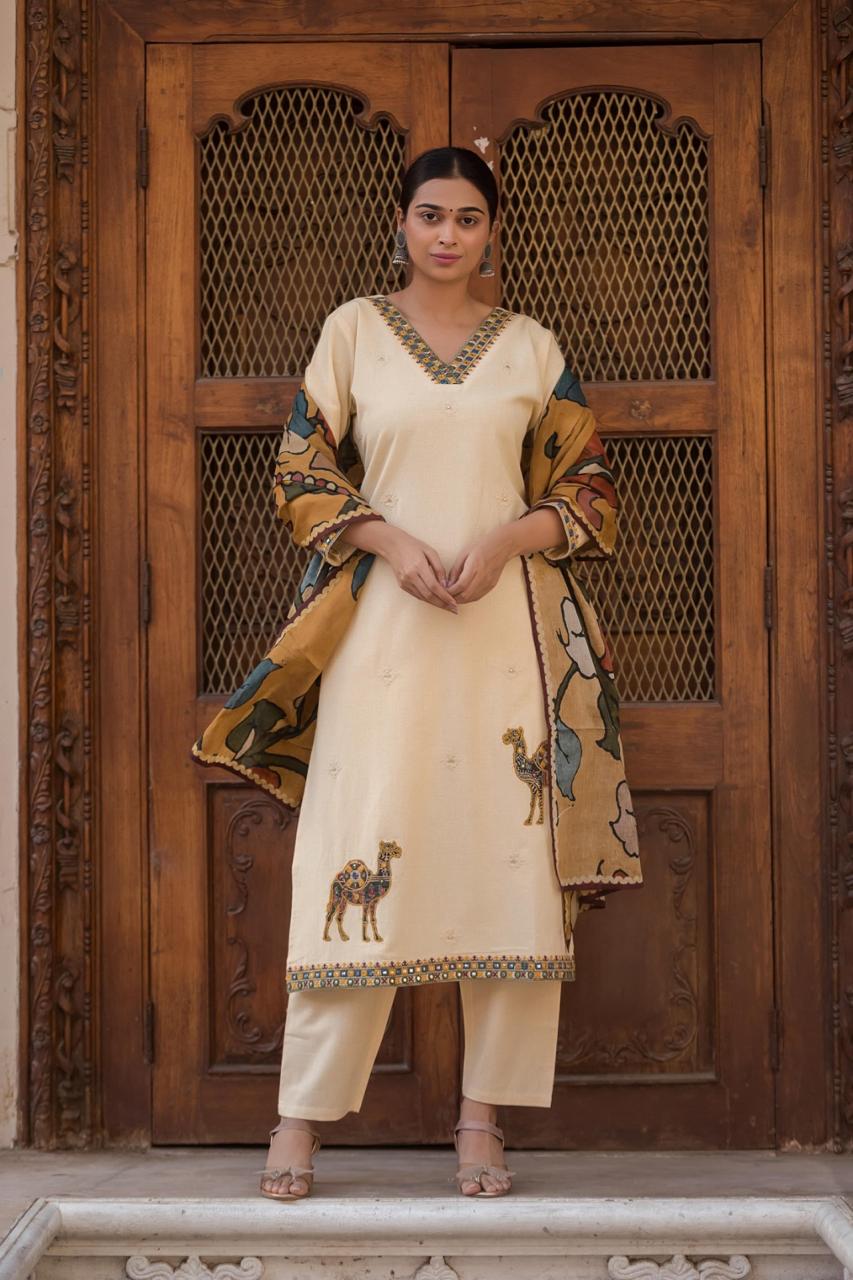 Beautiful cotton suit set paired with Kalamkari dupatta