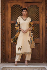 Beautiful cotton suit set paired with Kalamkari dupatta