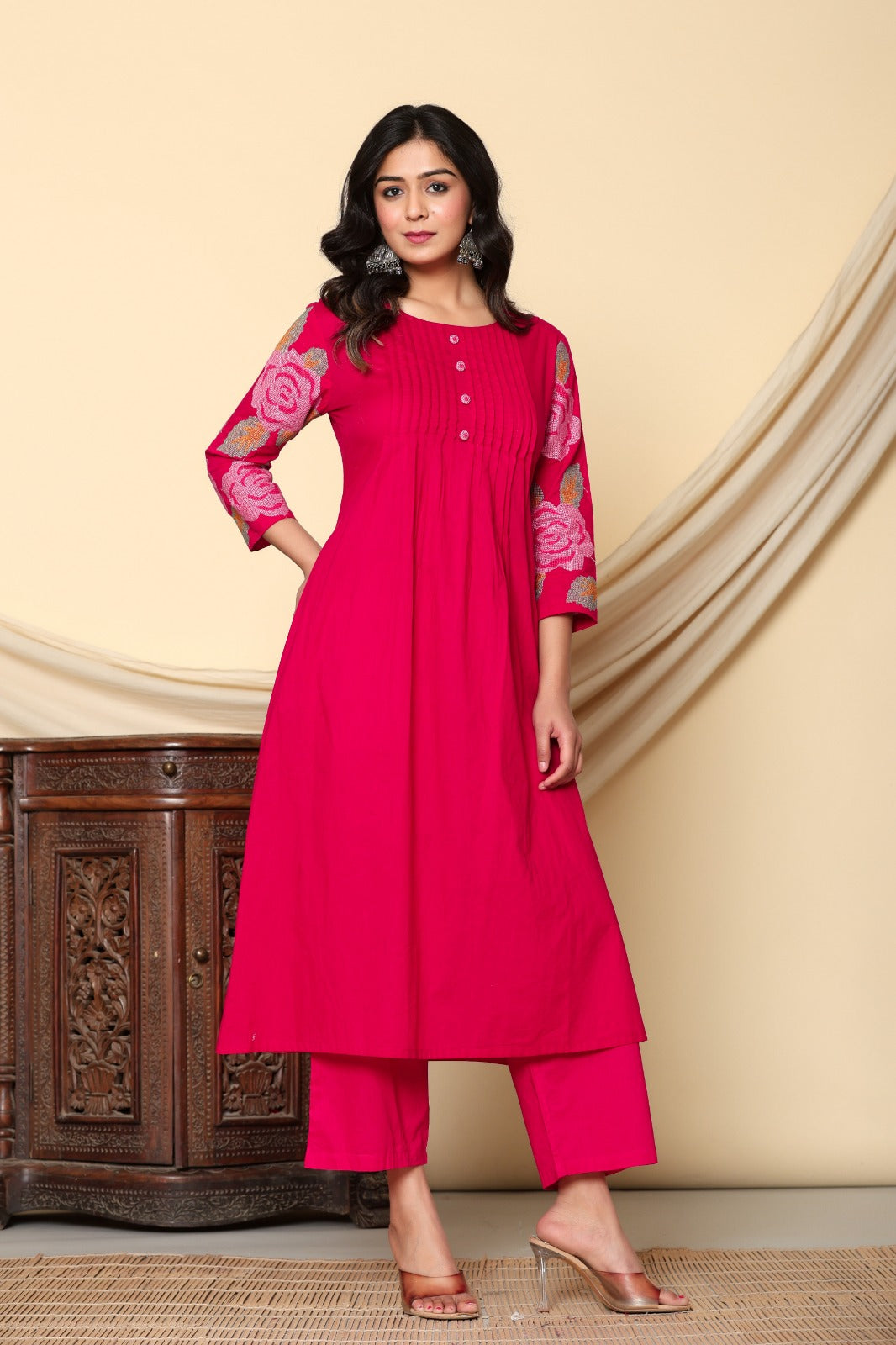 Pure cotton embroidered kurta pant in pink
