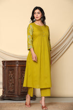 Pure cotton embroidered kurta pant in Yellow