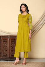 Pure cotton embroidered kurta pant in Yellow