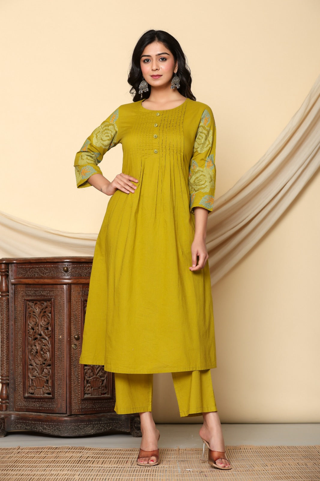 Pure cotton embroidered kurta pant in Yellow