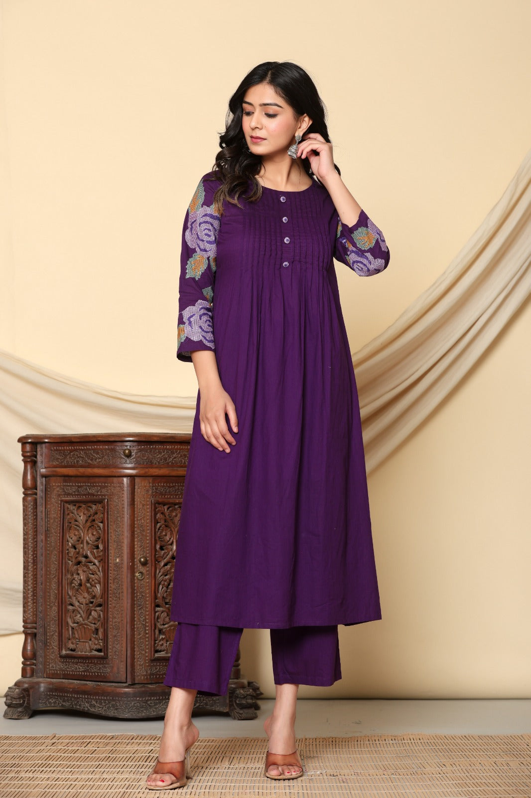 Pure cotton embroidered kurta pant in purple