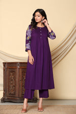 Pure cotton embroidered kurta pant in purple