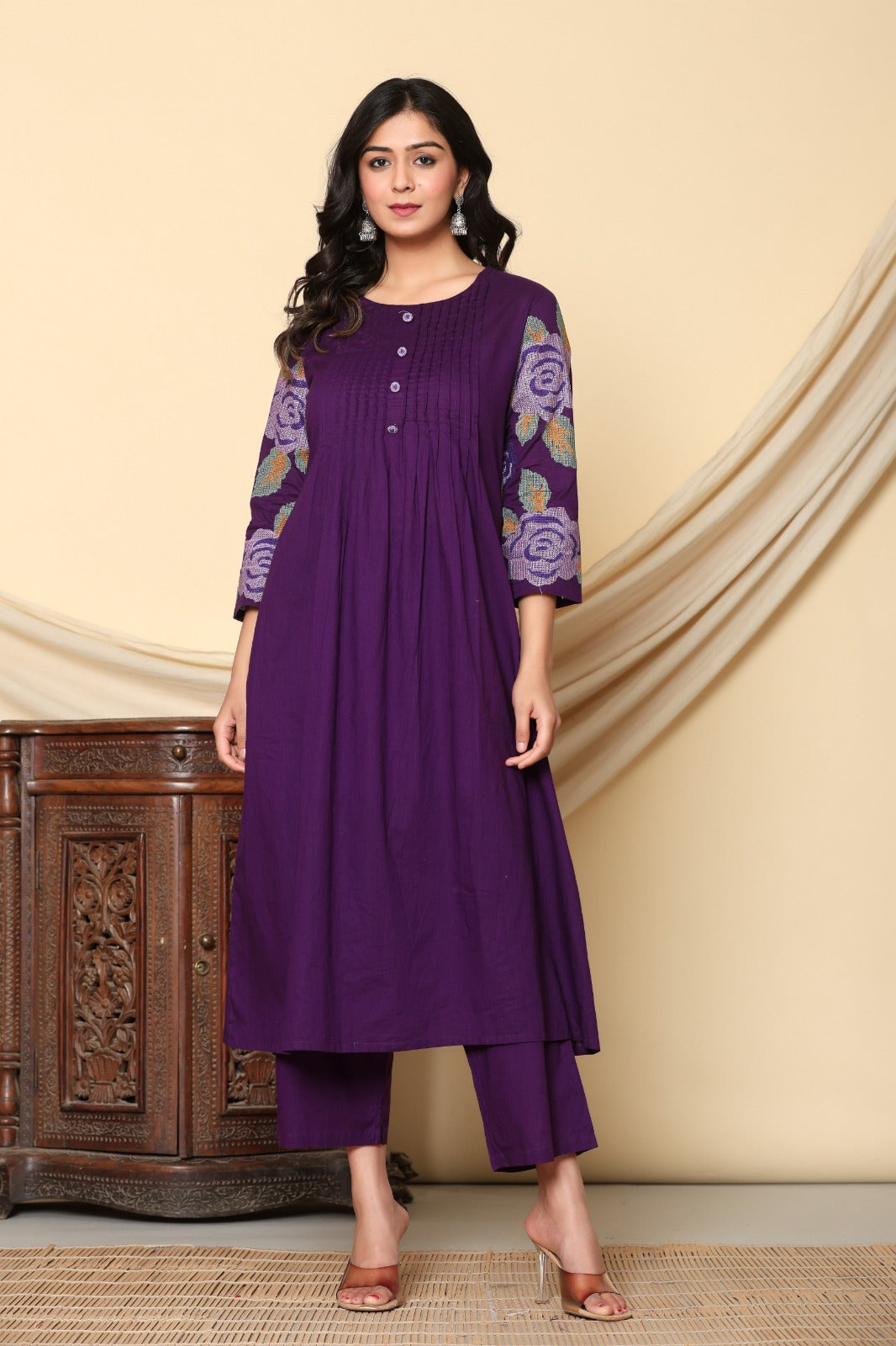 Pure cotton embroidered kurta pant in purple