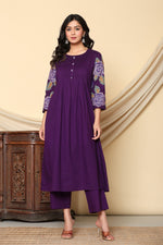 Pure cotton embroidered kurta pant in purple