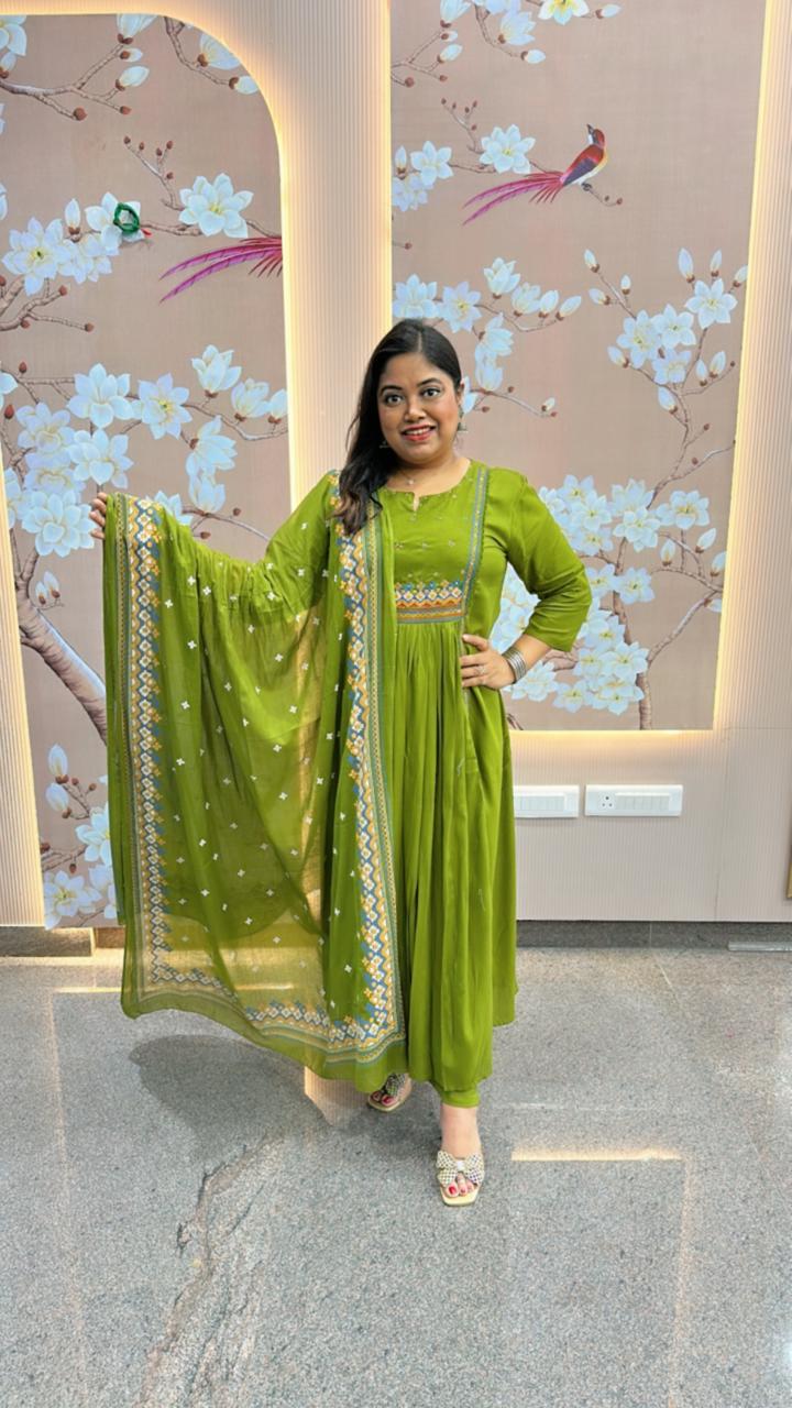 Greencolour beautiful full suit setin rayon