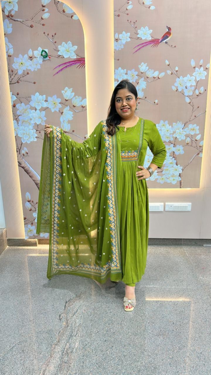 Greencolour beautiful full suit setin rayon