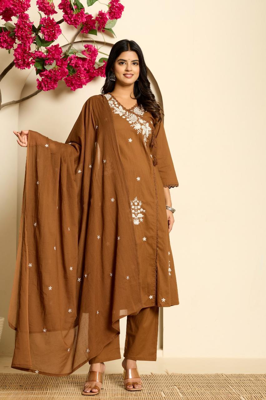 Pure cotton Angrakha pattern embroidered suit set