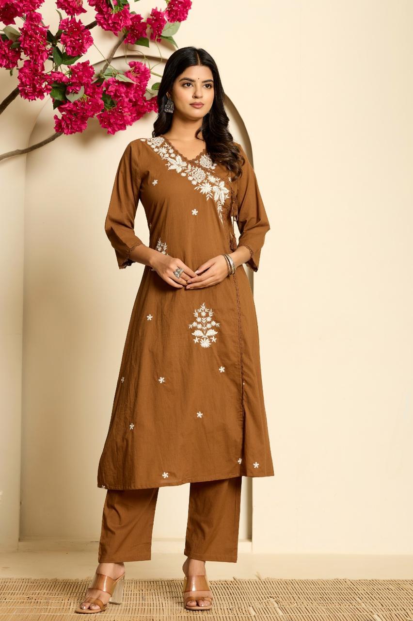 Pure cotton Angrakha pattern embroidered suit set