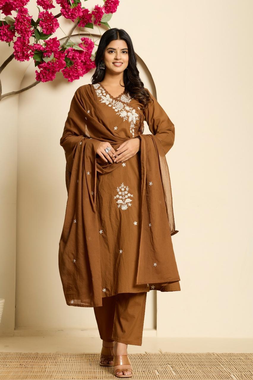 Pure cotton Angrakha pattern embroidered suit set