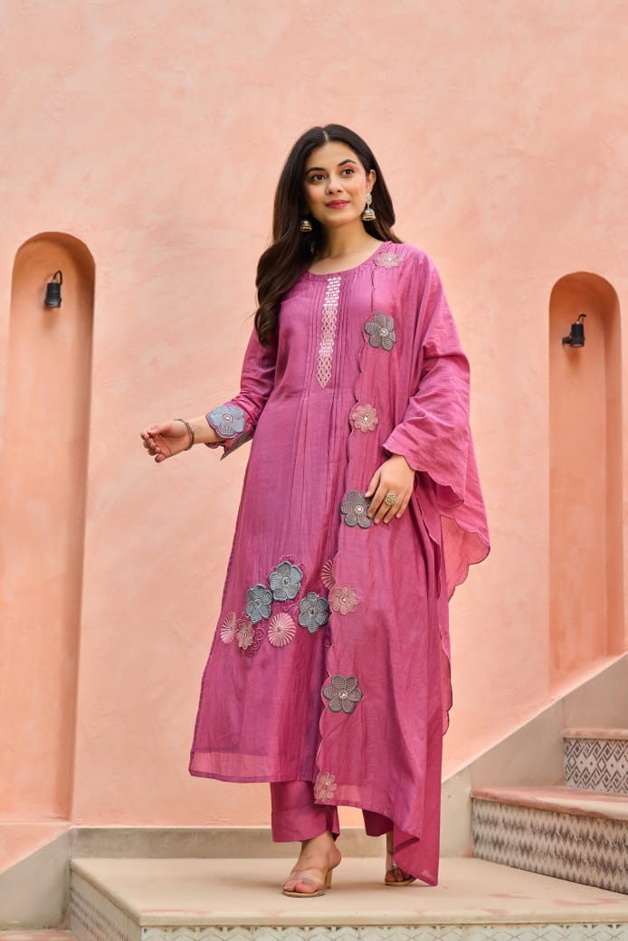 Appliqué work Mul Chanderi full suit set