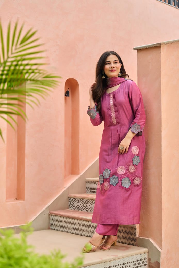 Appliqué work Mul Chanderi full suit set