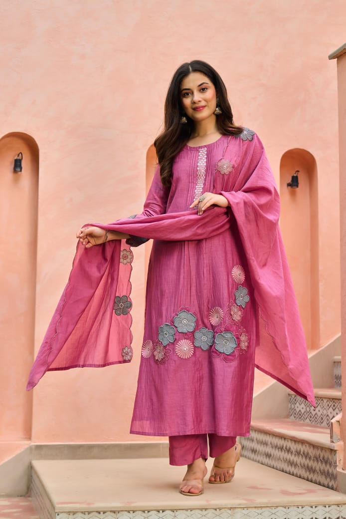 Appliqué work Mul Chanderi full suit set